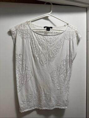 White House Black Market White Embroidered Cap-Sleeve Tee